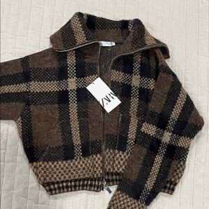 Zara Checkered Brown and Black zip up Sweater Jacket women’s size Small NWT